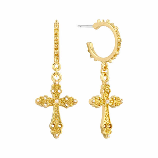 Gold Textured Huggie Hoop with Cross Charm 1.5" Earring