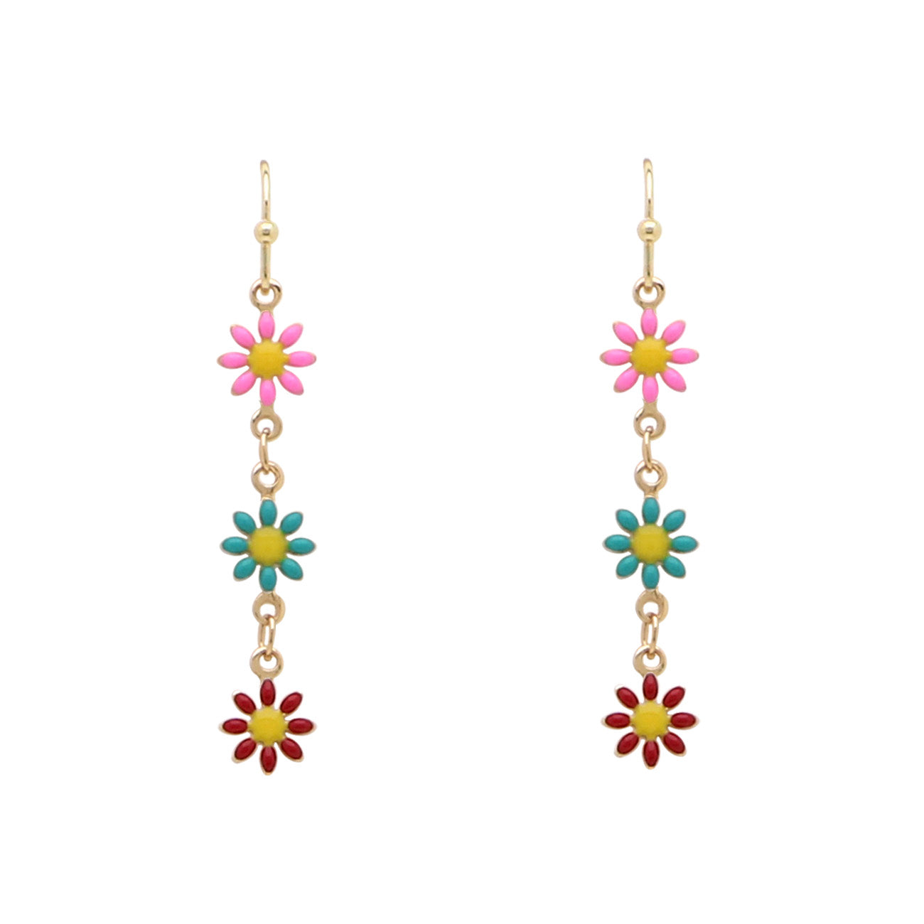 Multi Enamel Flower and Gold Chain 2" Earring