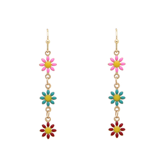 Multi Enamel Flower and Gold Chain 2" Earring