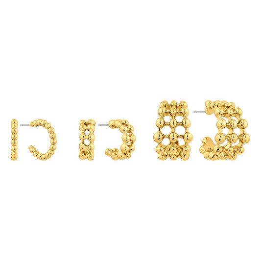 Set of 3 Gold Beaded Metal Hoops. Single, Double, and Triple Layered .5" Earrings
