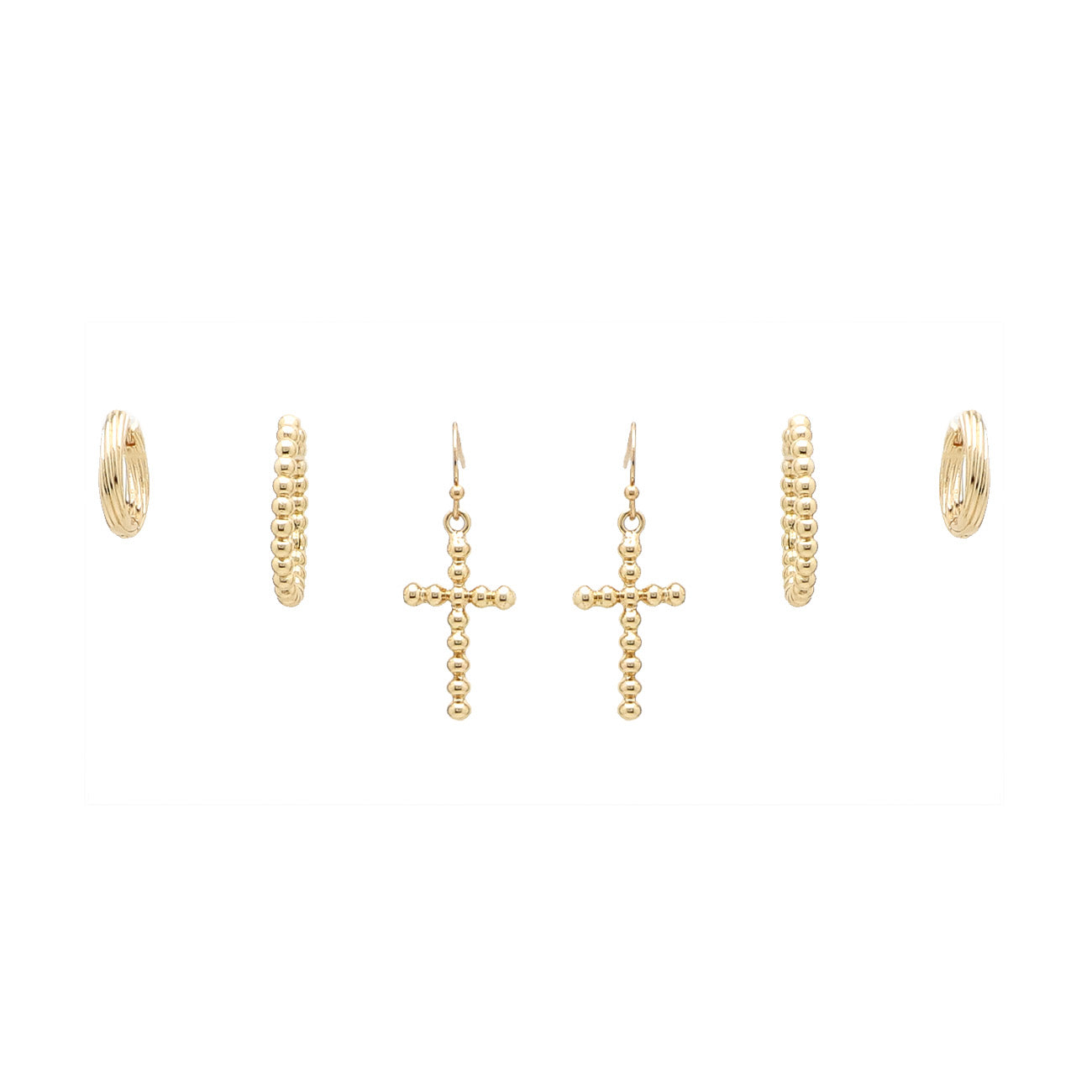 Set of 3 Gold Cross and Hoop Earring Studs