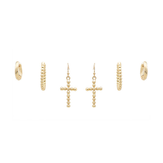 Set of 3 Gold Cross and Hoop Earring Studs