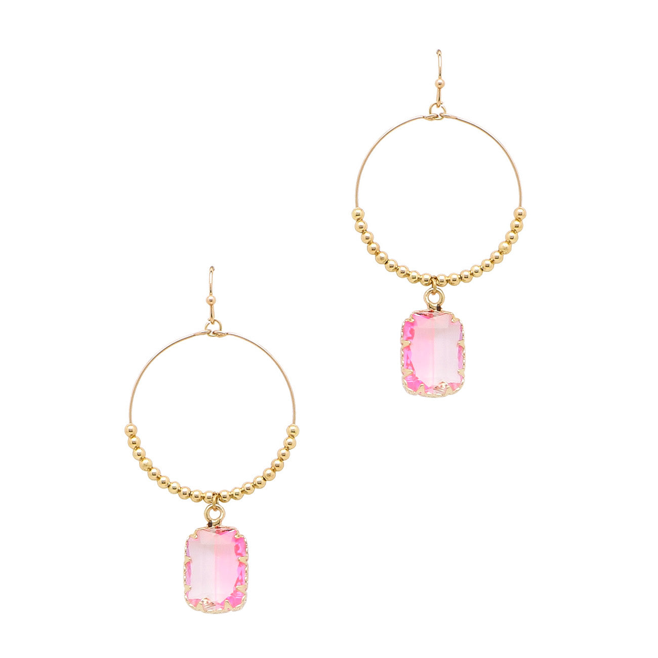 Gold Hoop with Blush Pink Rectangle Crystal Drop 2" Earring