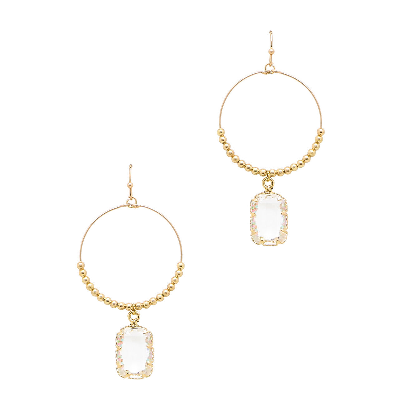 Gold Hoop with AB Rectangle Crystal Drop 2" Earring