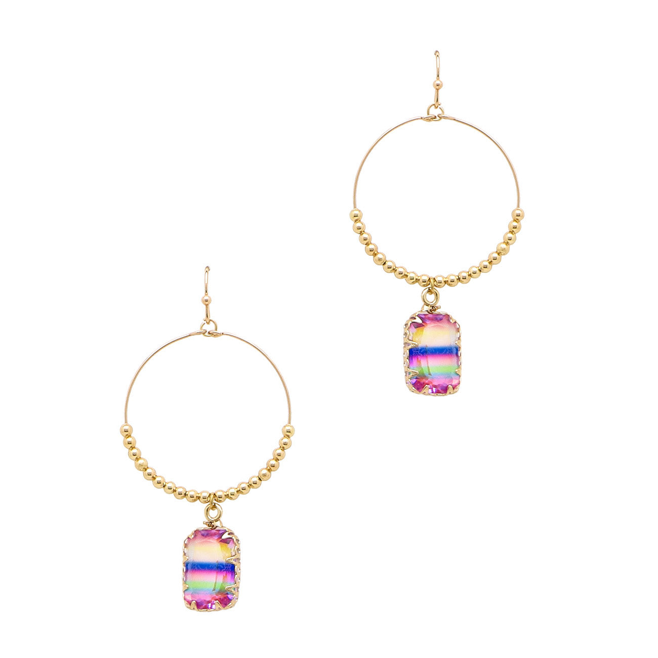 Gold Hoop with Multi Rectangle Crystal Drop 2" Earring