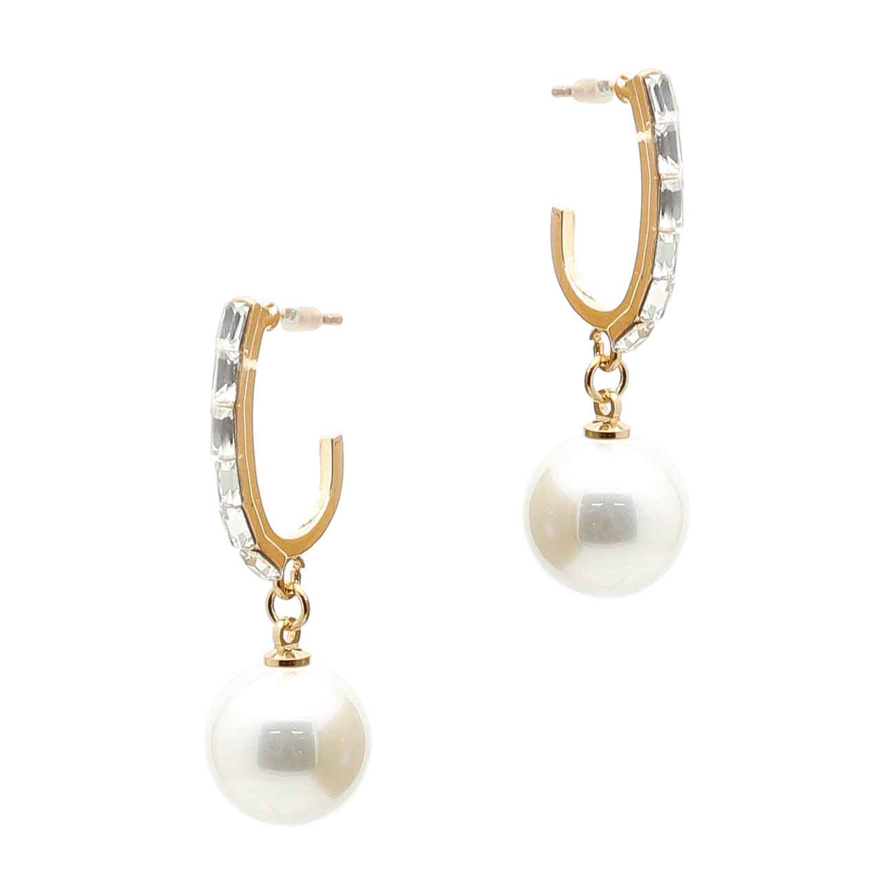 Gold Small Hoop with Rhinestones and Pearl Drop 1" Earring