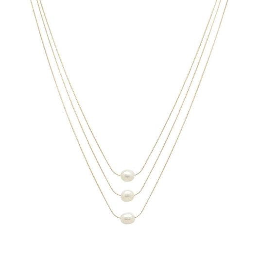 Gold Chain Triple Layered Freshwater Pearl 16"-18" Necklace