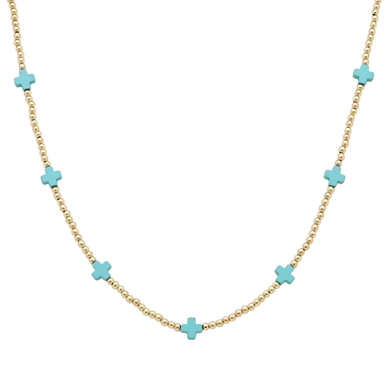 Gold CCB Beaded with Turquoise Cross 16"-18" Necklace