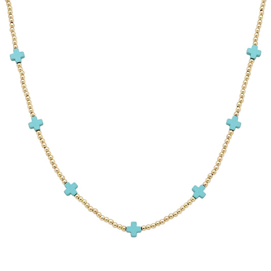 Gold CCB Beaded with Turquoise Cross 16"-18" Necklace