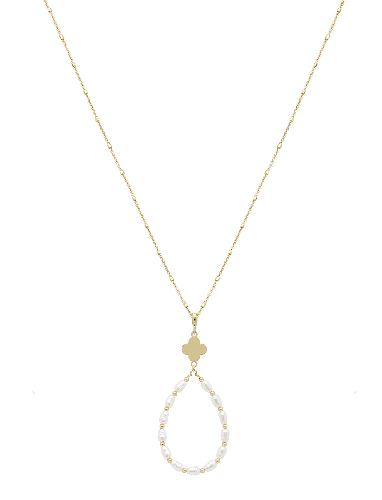 Gold Clover with Pearl Teardrop 32" Necklace