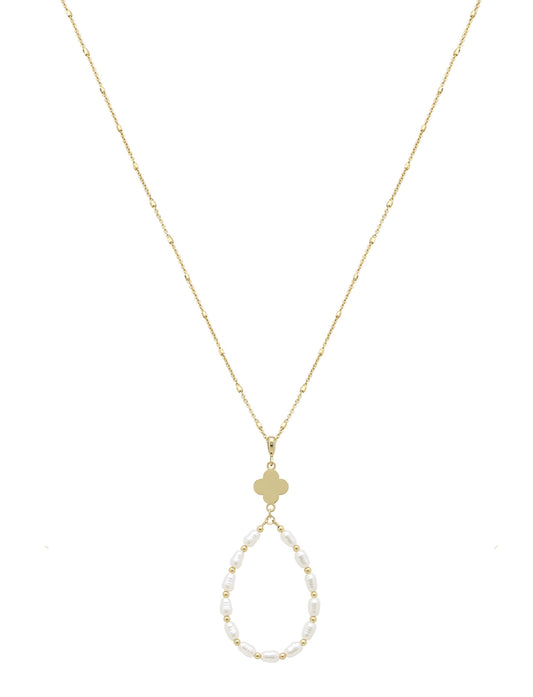 Gold Clover with Pearl Teardrop 32" Necklace