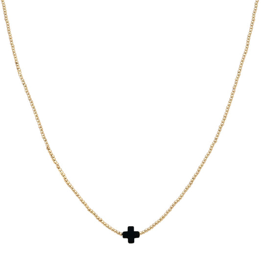 Gold CCB Beaded with Single Black Cross 16"-18" Necklace