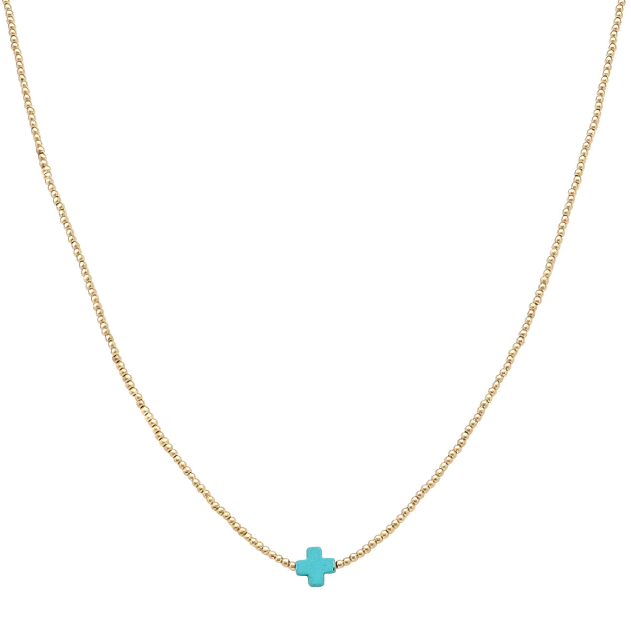 Gold CCB Beaded with Single Turquoise Cross 16"-18" Necklace