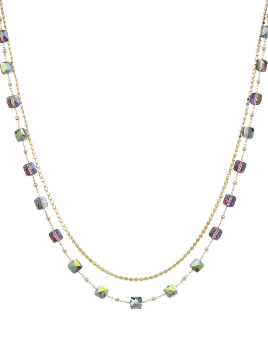 Multi Layered Gold and Green Iridescent Crystal 16"-18" Necklace