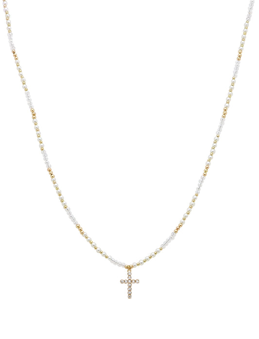 Gold Beaded Chain with Small Rhinestone Cross 16"-18" Necklace