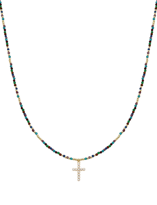 Dark Multi Crystal 16"-18" Necklace with Rhinestone Cross Detail