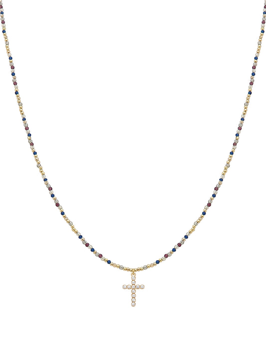 Multi Crystal 16"-18" Necklace with Rhinestone Cross Detail