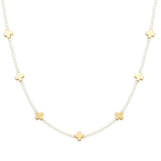 2mm Pearl with Gold Cross 16"-18" Necklace