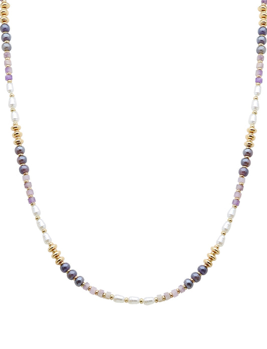 Deep Lavender, Pearl, and Gold Beaded "Candy" Beaded 16"-18" Necklace