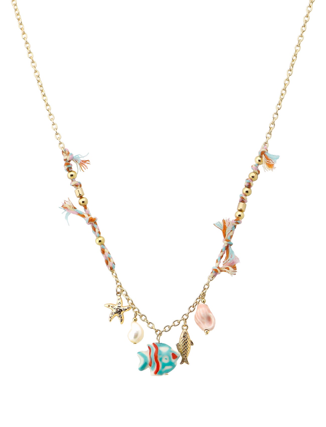 Gold Chain with Teal Ceramic Fish and Sealife Charms 16"-18" Necklace