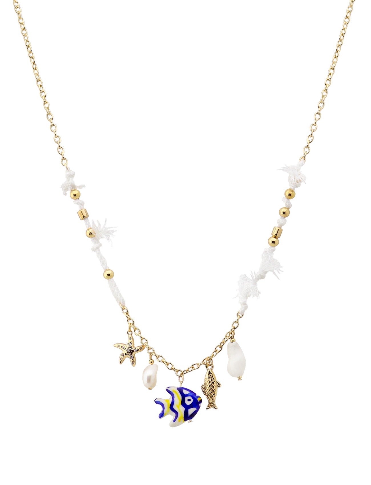 Gold Beaded and White with Fish and Sealife Charms 16"-18" Necklace