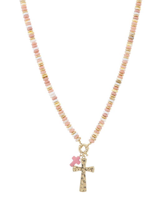 Pink Beaded and Gold with Gold Cross Charm 16"-18" Necklace