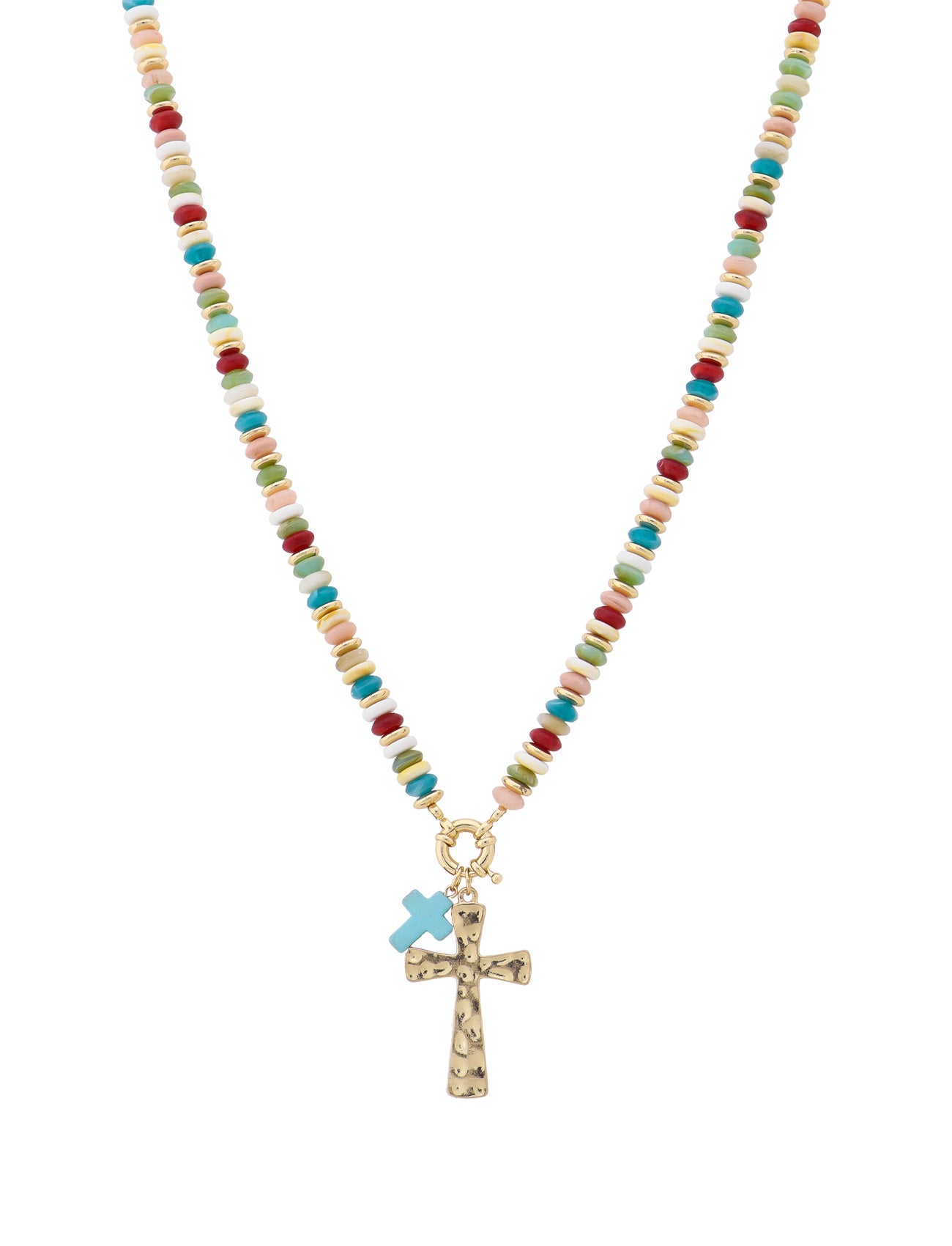 Multi Beaded and Gold with Gold Cross Charm 16"-18" Necklace