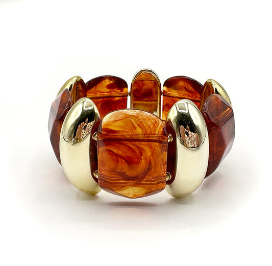 Wide Gold and Brown Acrylic Stretch Bracelet