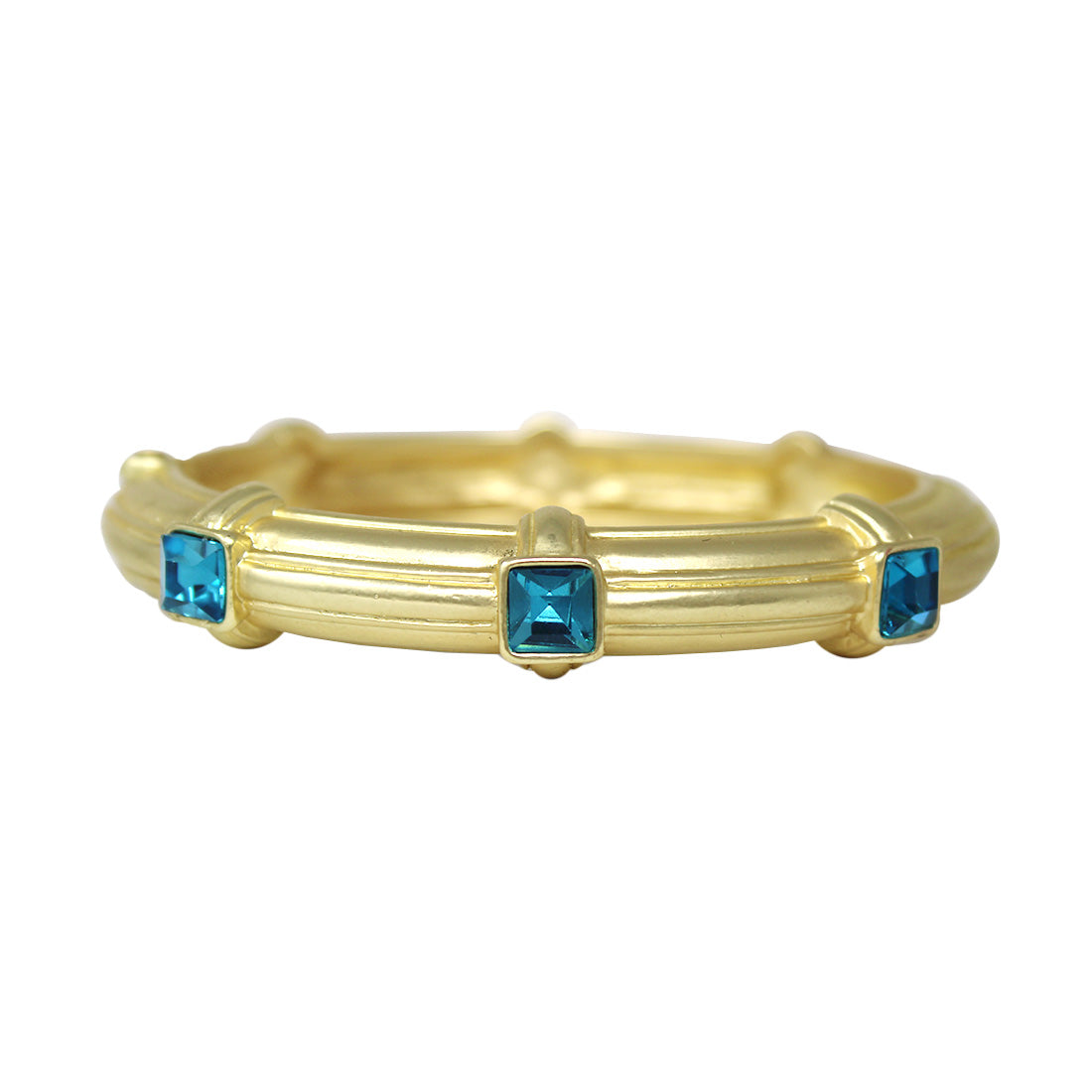 Matte Gold Metal Hinged Bracelet with Blue Square Crystal Stone Accents