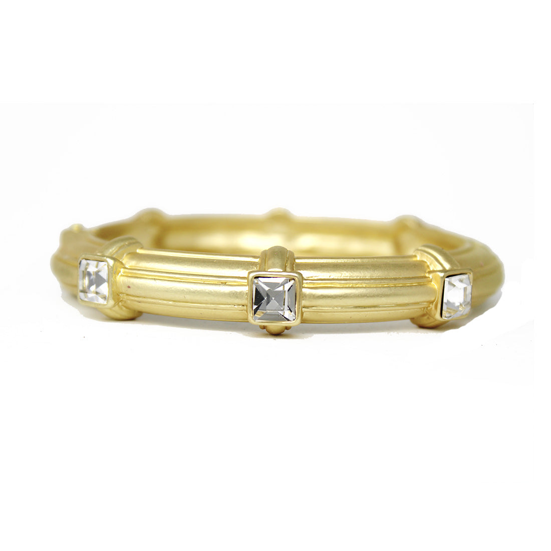 Matte Gold Metal Hinged Bracelet with Clear Square Crystal Stone Accents