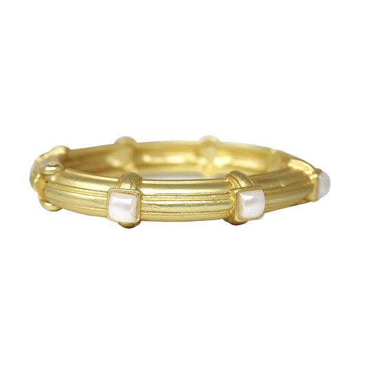 Matte Gold Metal Hinged Bracelet with Pearl Square Crystal Stone Accents