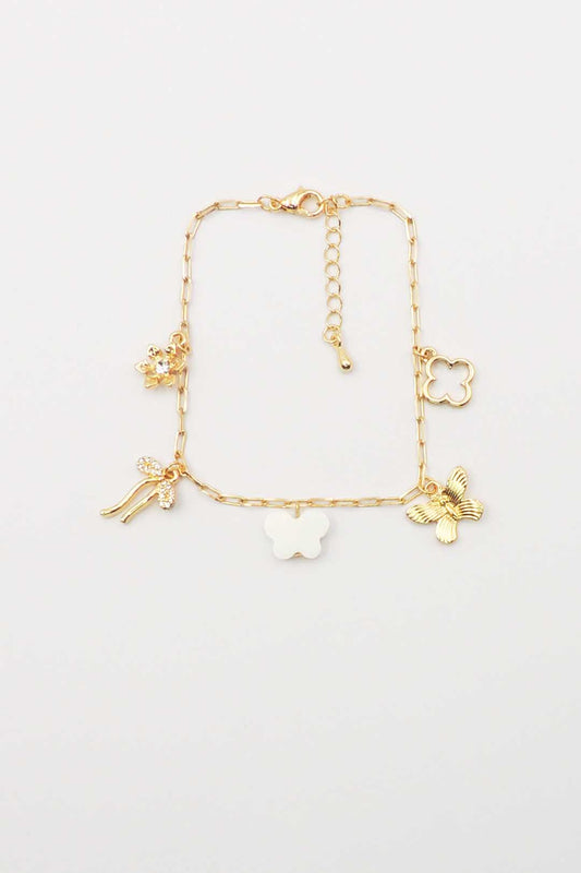 Gold Chain Clover, Bow, Butterfly Charms 7.5" with Extender Bracelet