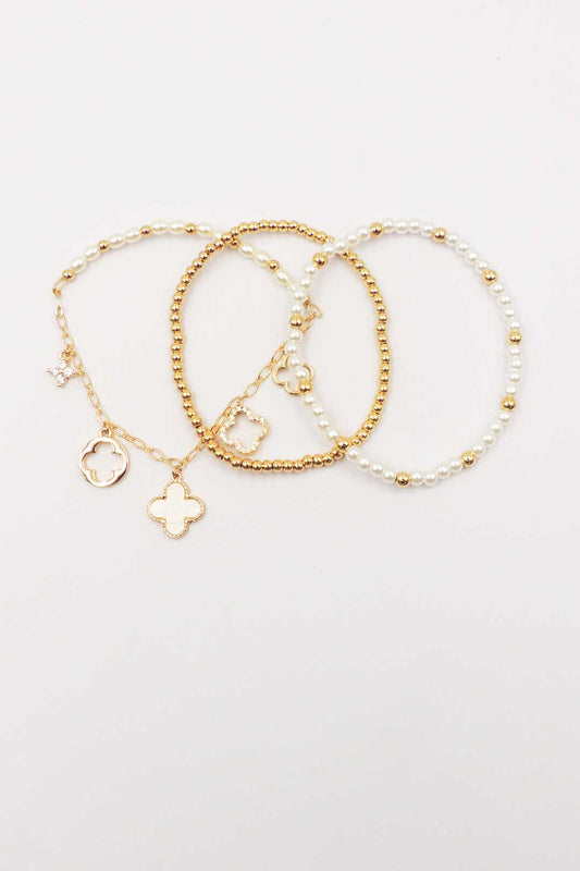 Set of 3 Pearl and Gold Stretch Bracelet with Clover Charms