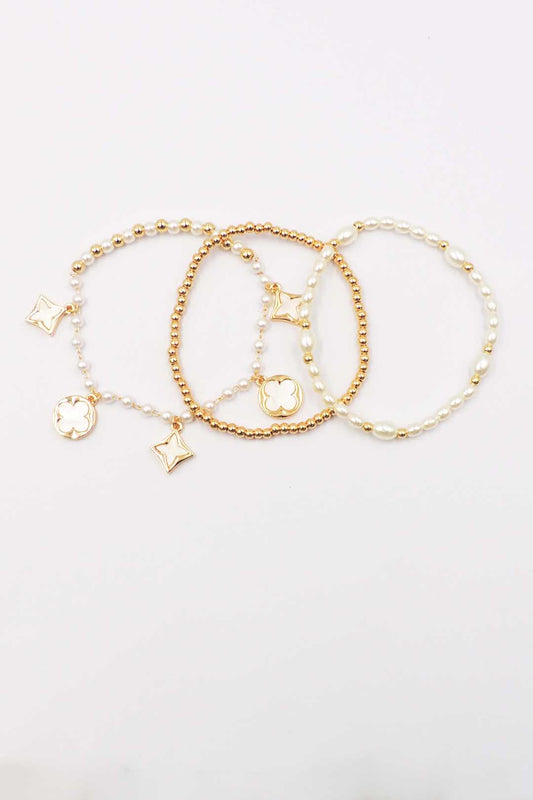 Set of 3 Pearl and Gold Stretch Bracelet with Clover Charms