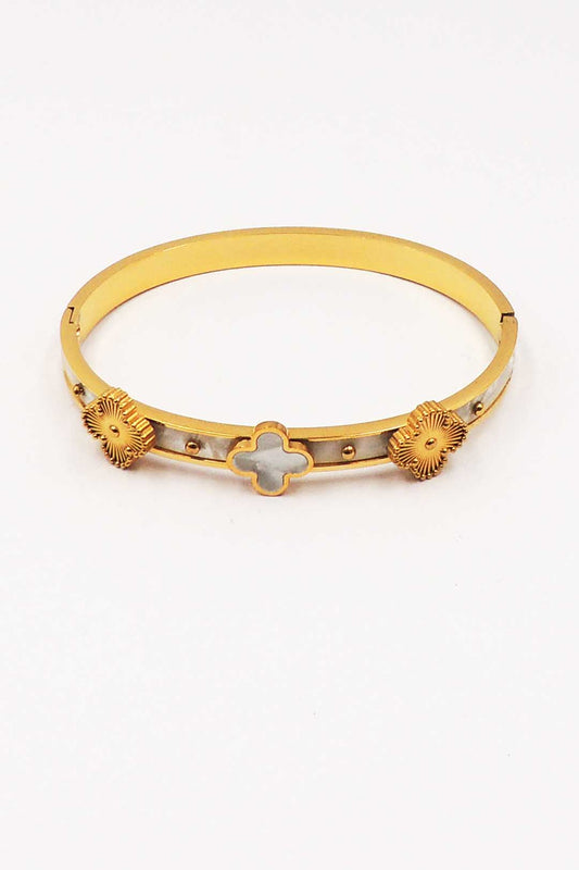 Stainless Steel Gold and Pearlized Clover Hinged Bangle