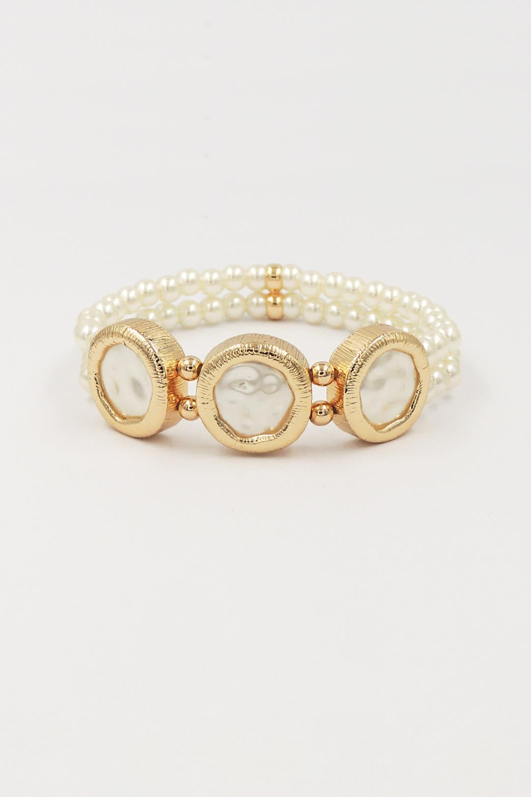 Flat Gold and Three Pearl Stretch Bracelet