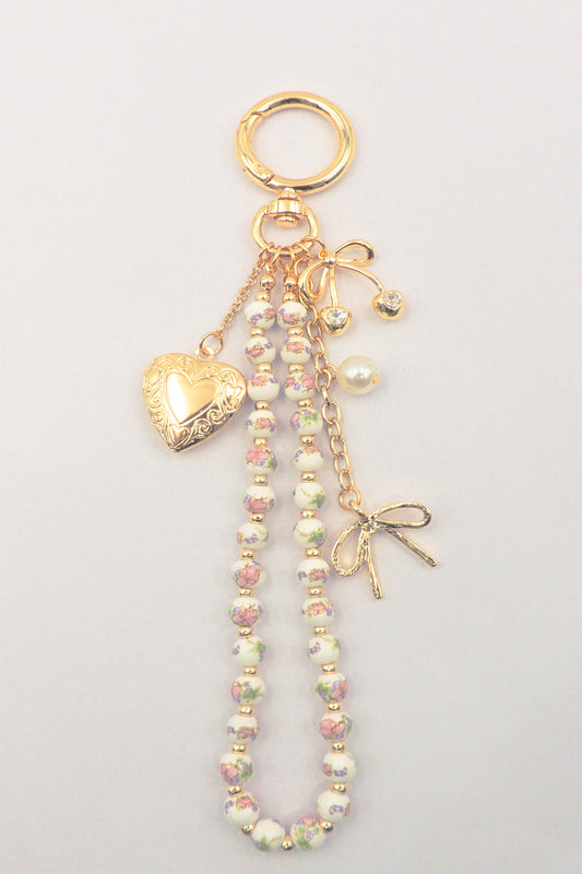 Purse Charm-  Bow, Heart, Cherrys with Pink and White Ceramic Beaded Chain. Very Popular