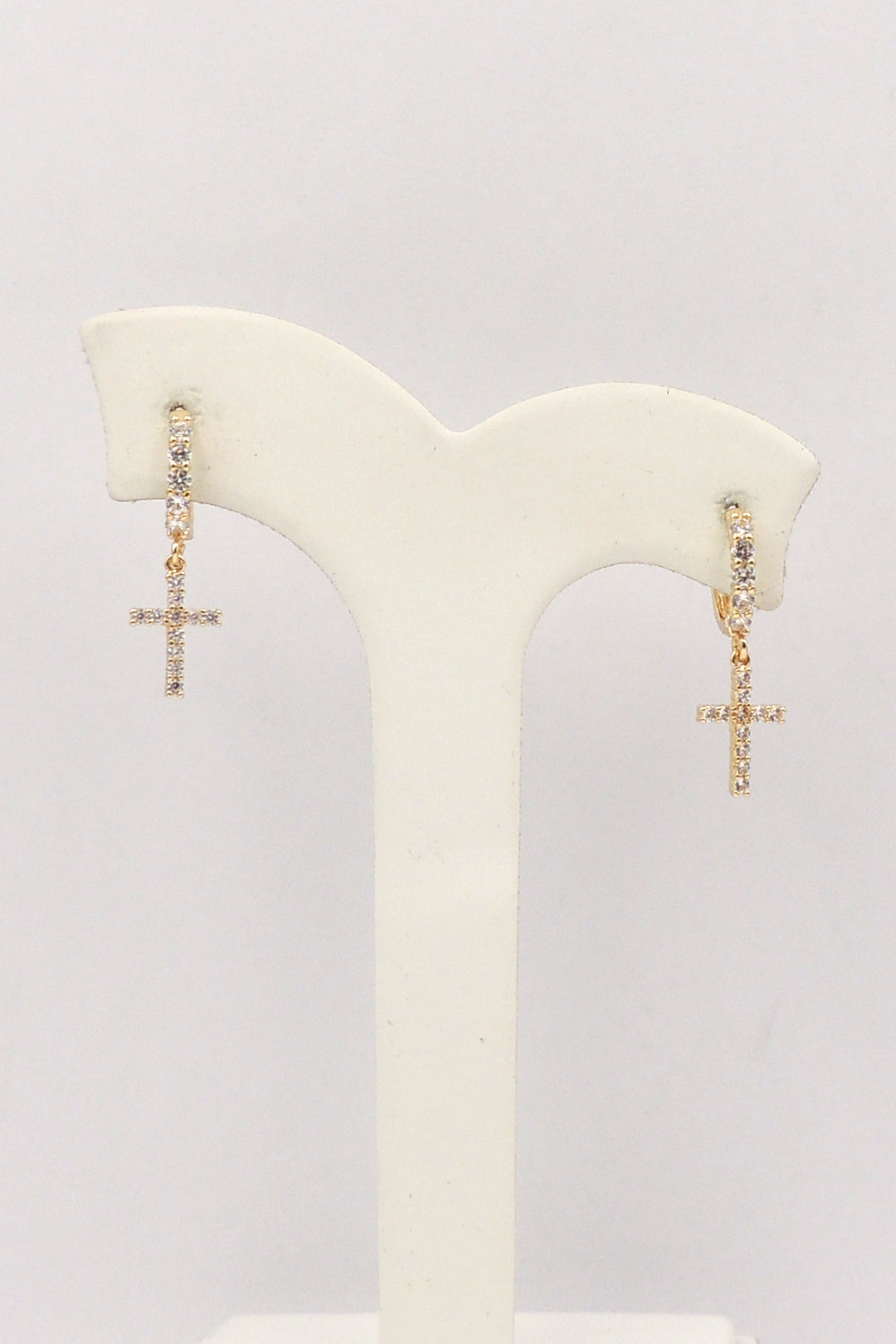 Gold Rhinestone Huggie with Cross Drop Earring