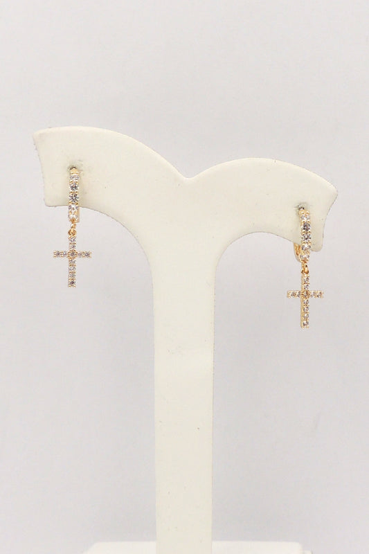 Gold Rhinestone Huggie with Cross Drop Earring