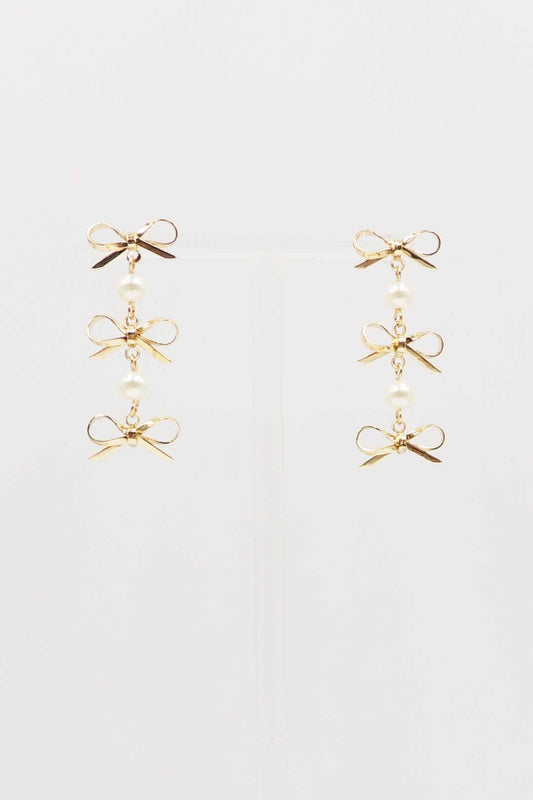 Gold Triple Drop Stud Bow 2" Earring