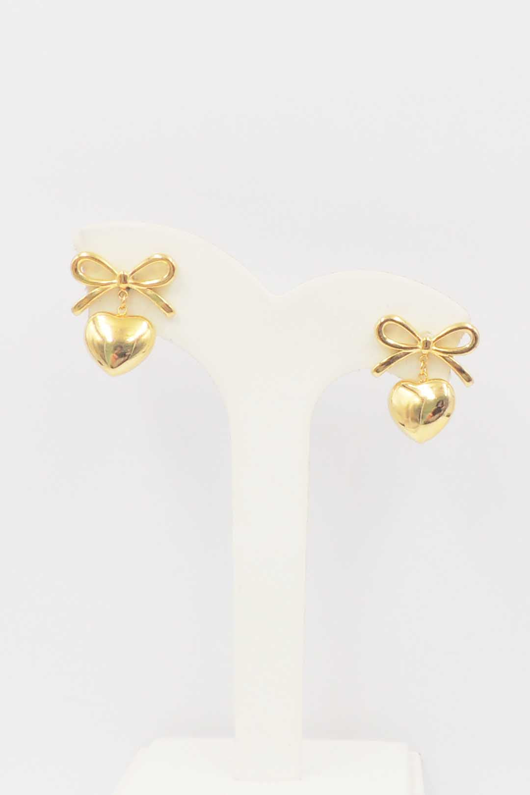 Stainless Steel Gold Open Bow with Puffy Heart 1" Drop Earring