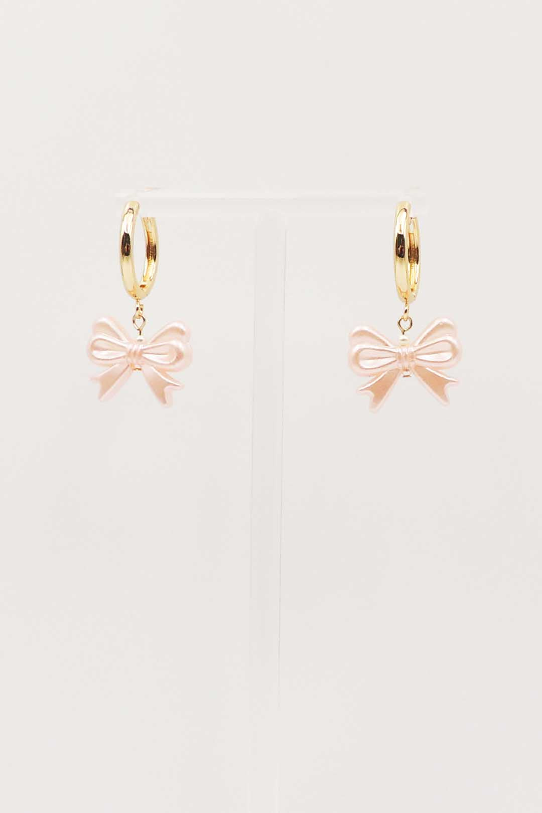 Gold Thin Huggie Hoop with Pink Bow .75" Earring