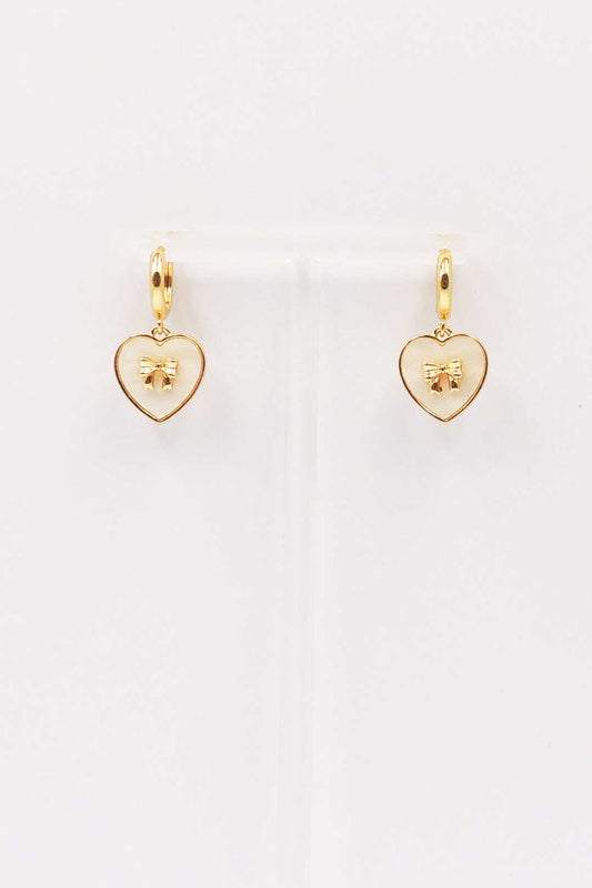 Gold Pearlized Heart Stud with Gold Bow .5" Earring