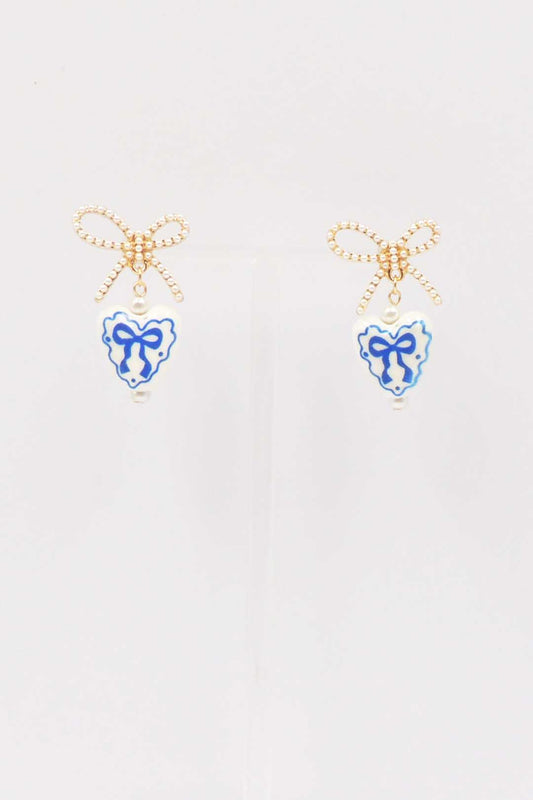 Gold Open Bow Stud with Blue and White Ceramic Heart Drop .75" Earring