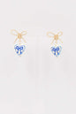 Gold Open Bow Stud with Blue and White Ceramic Heart Drop .75" Earring