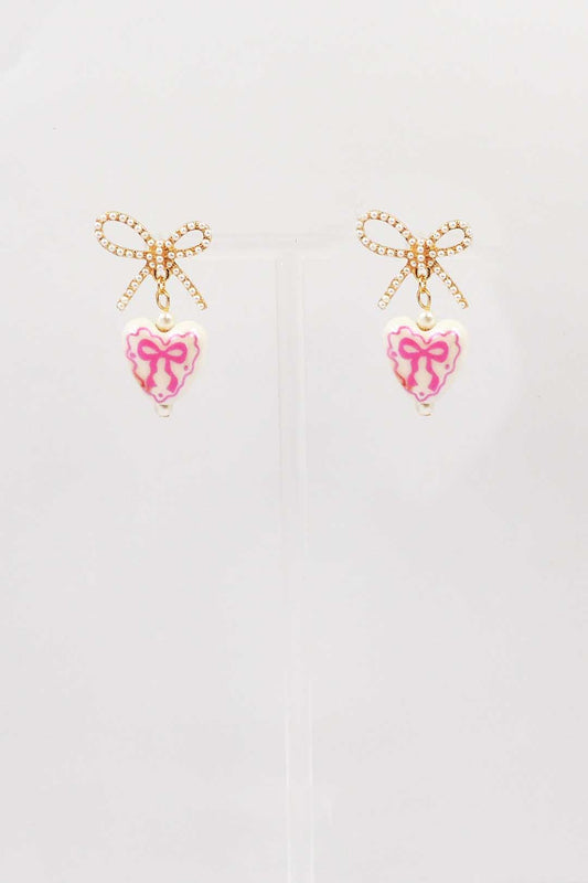 Gold Open Bow Stud with Pink and White Ceramic Heart Drop .75" Earring