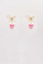 Gold Open Bow Stud with Pink and White Ceramic Heart Drop .75" Earring