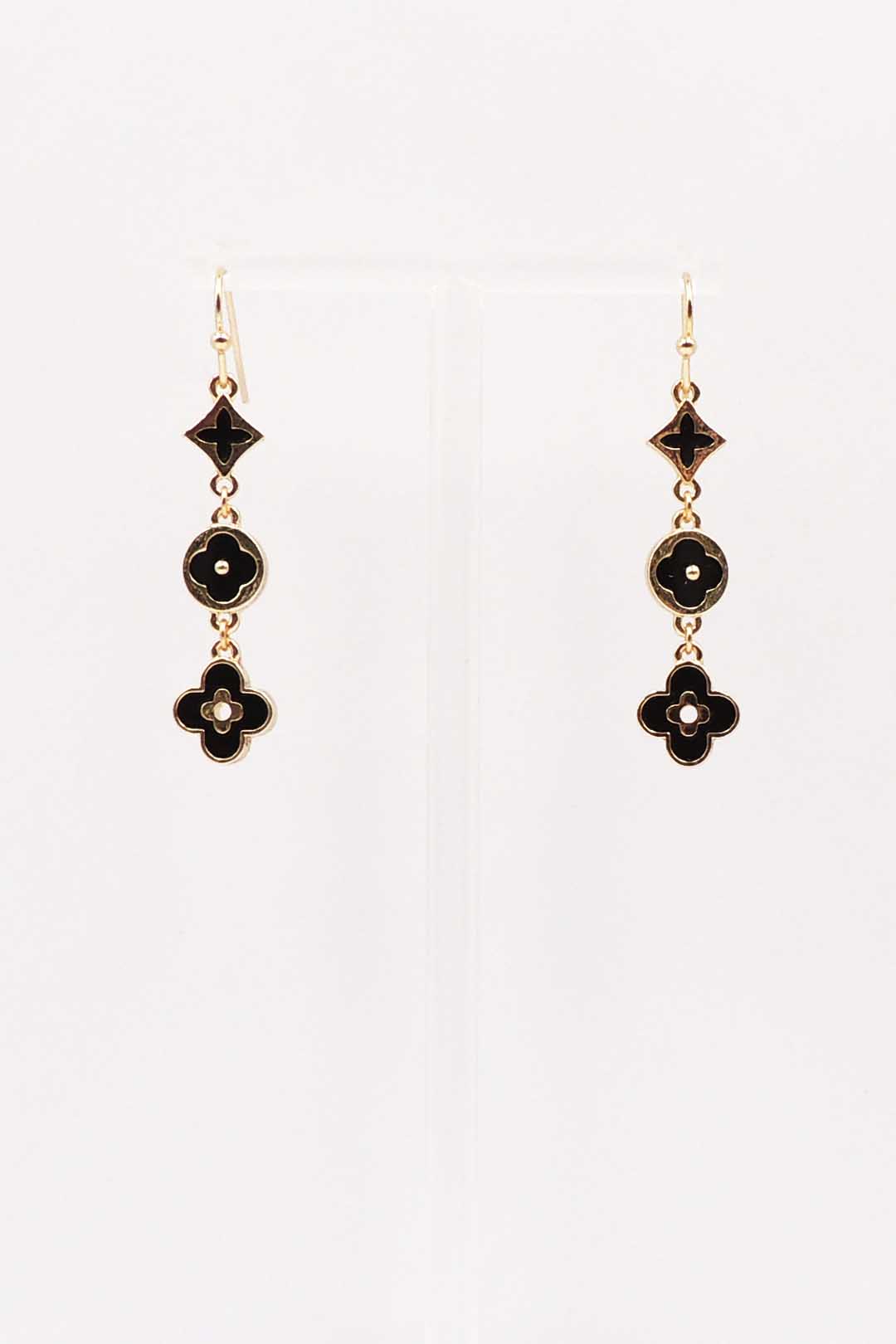 Gold with Black Enamel Clover Drop 1.5" Earring