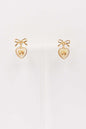 Gold Bow Stud Earring with Cream Mother of Pearl Heart .75" Earring