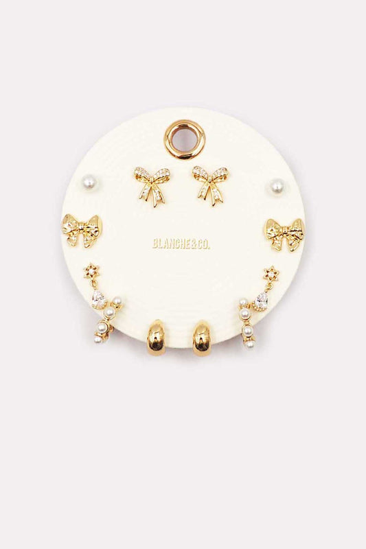 Set of 6 Pearl, Bow, and Hoops Stud Earrings